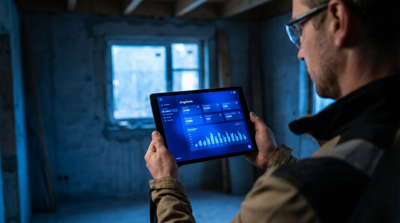 Handwerker im Rohbau prüft auf einem Tablet die Angebotsübersicht der Uxovia Angebots-Engine