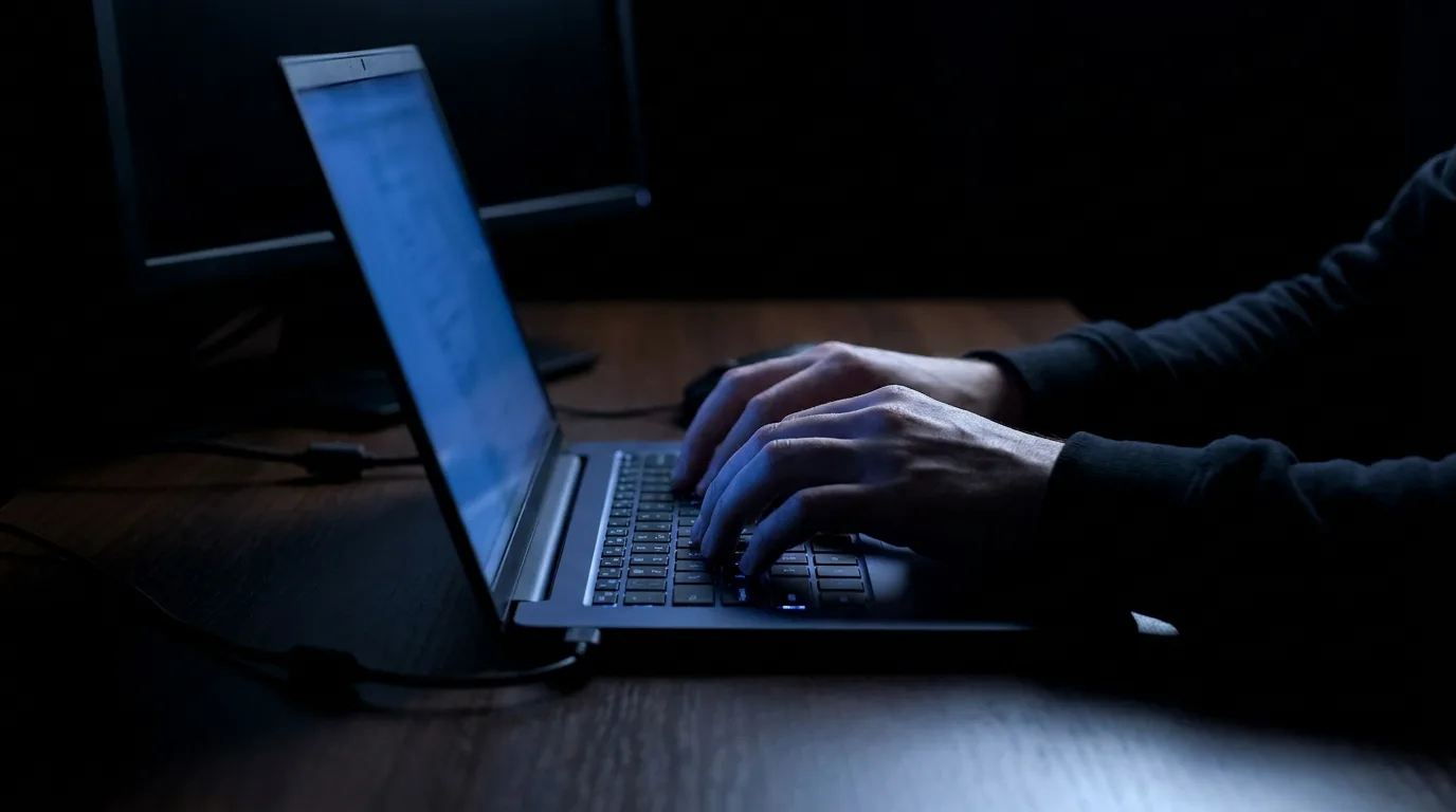 Hände tippen nachts an einem Laptop, kühles Kobaltblau vom Bildschirm, konzentrierte Arbeit am System