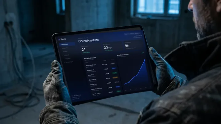 Handwerker im Rohbau prüft auf einem Tablet eine Beispielansicht des KI-Angebots-Engine-Dashboards mit erfundenen Demodaten