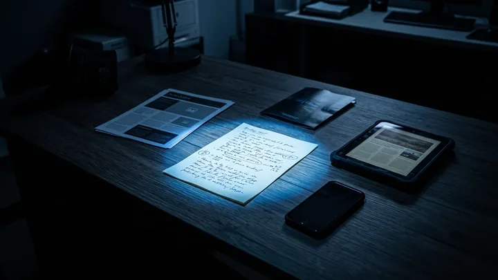 Ein handschriftliches Briefing im Lichtkegel, drumherum die daraus entstandenen Ausgaben als Newsletter, Broschüre und Beitrag auf dem Tablet