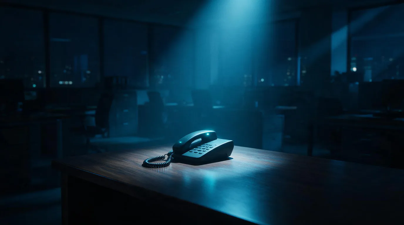 Telefon in einem dunklen, leeren Büro bei Nacht, ein einzelnes Licht beleuchtet den Hörer, Sinnbild für Erreichbarkeit rund um die Uhr